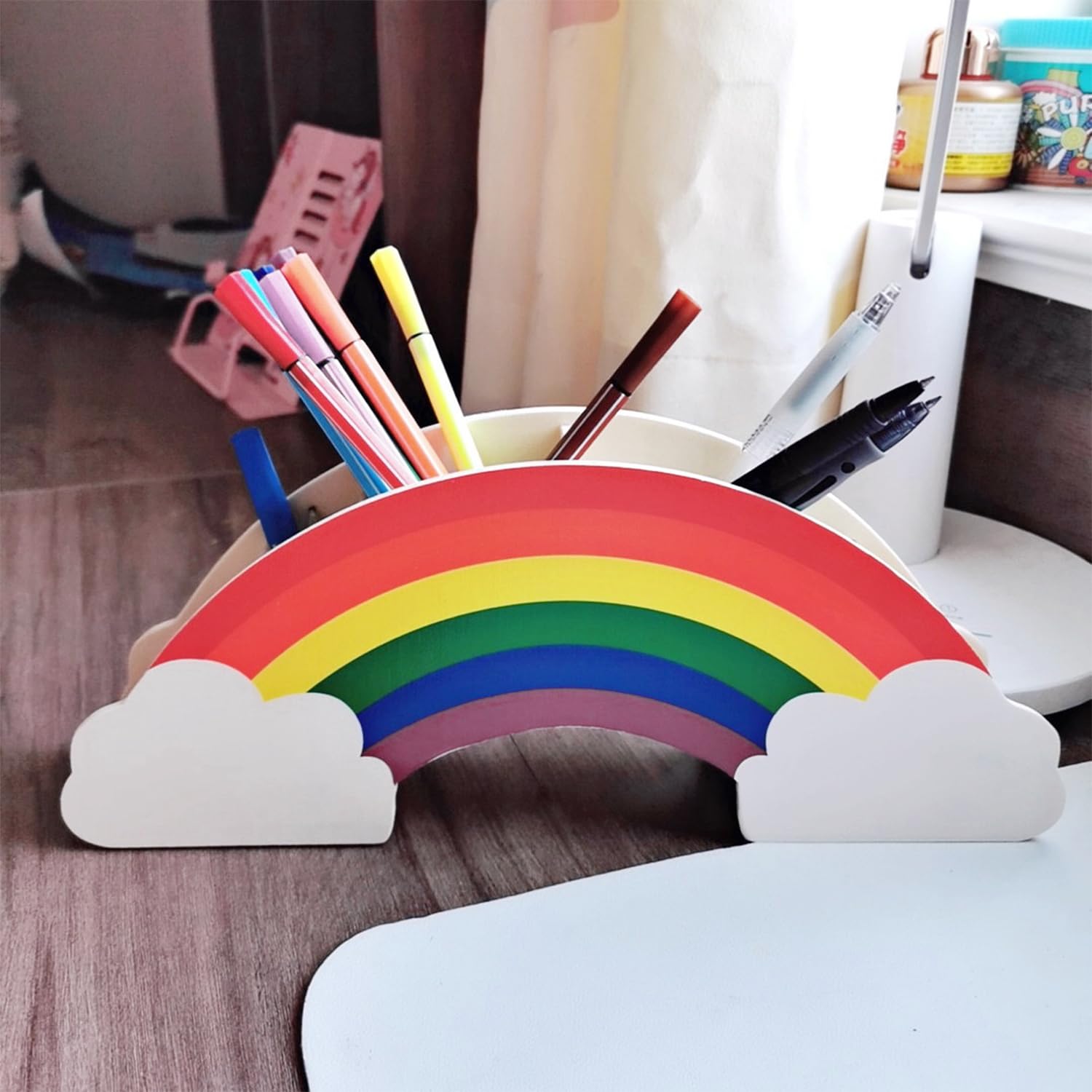 Portapenne In Legno Arcobaleno 5 Scomparti – Organizer Da Scrivania Per Bambini, Ufficio E Scuola