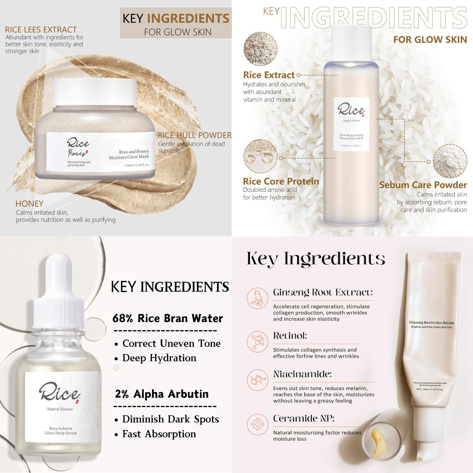 4-Step Korean Glass Skin Set - Rice & Honey Glow Mask, Arbutin Serum, Ginseng Eye Care, Hydrating Toner, SET-A - Image 3