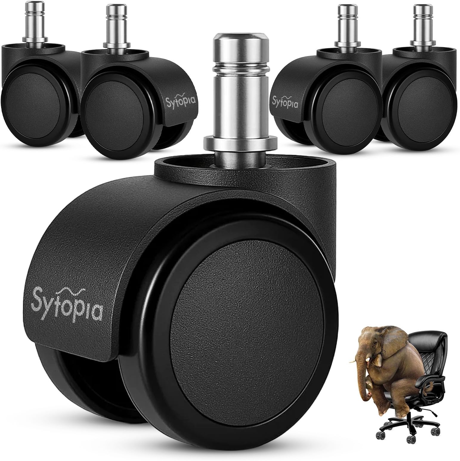 Sytopia Office Chair Castors, 11 mm x 22 mm Pen, Set of 5 Wheels for Office Chairs, Quiet, Smooth Gliding, Suitable for Hard Floors, Parquet, Laminate, Carpet, Tiles and Floor Protection Mat, Black