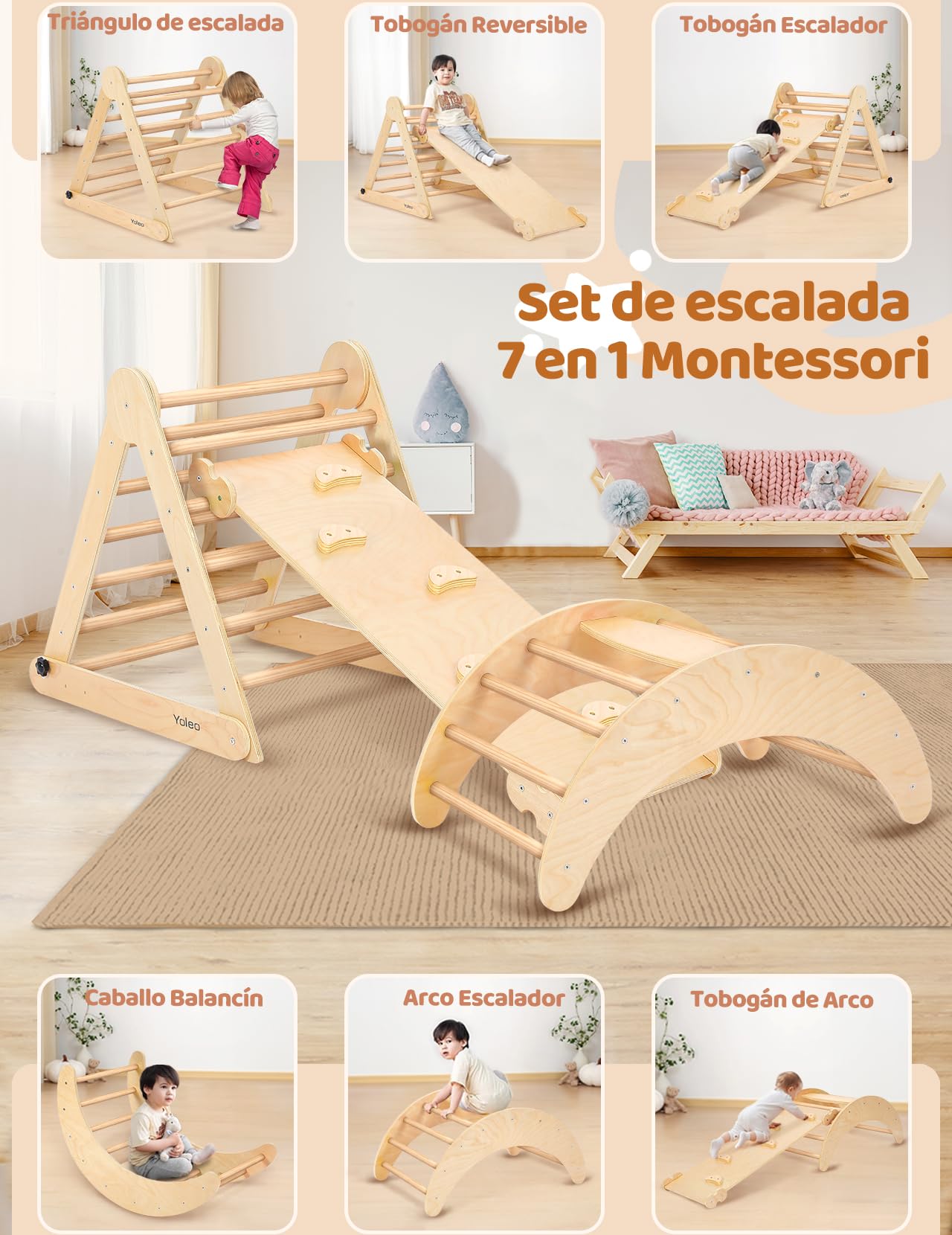 YOLEO Triangle d'escalade, Plegable 3 Piezas Montessori Climbing Frame con Rampa y Arco Balancín, Robusto y Divertido Parque Infantil y Gimnasio para Niños Pequeños 1-6 años
