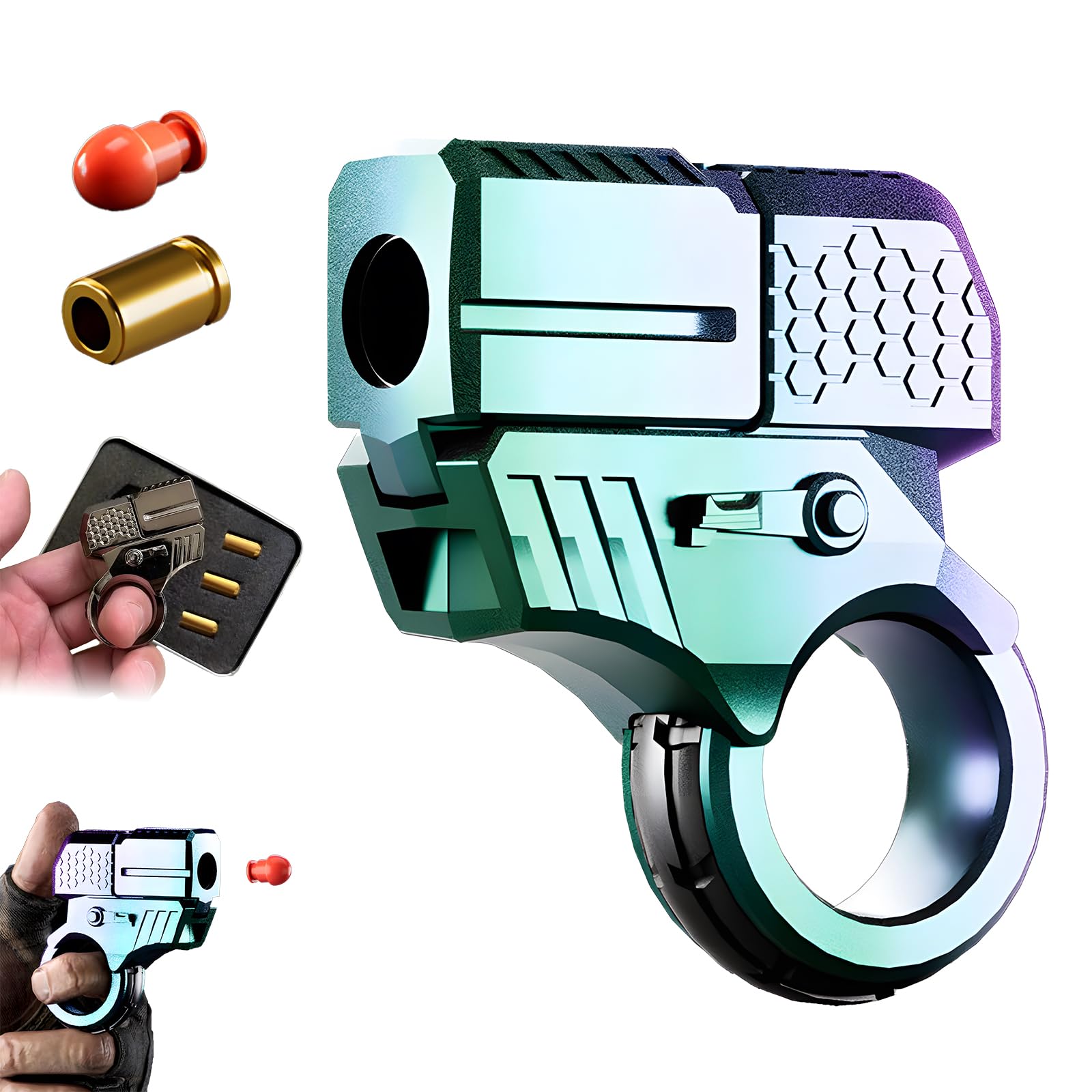 Alloy Ring Spinning Toy Launcher, Decompression EDC Launcher Model Ring One-Click Eject Fidget Ring with Soft Bullets (B-Launcher+20 Warheads+3 Cartridge Case)