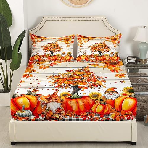 Miniatura 10 de Manfei Juego de sábanas de otoño tamaño matrimonial, juego de sábanas de 4 piezas con sábana bajera de bolsillo profundo + sábana encimera + 2