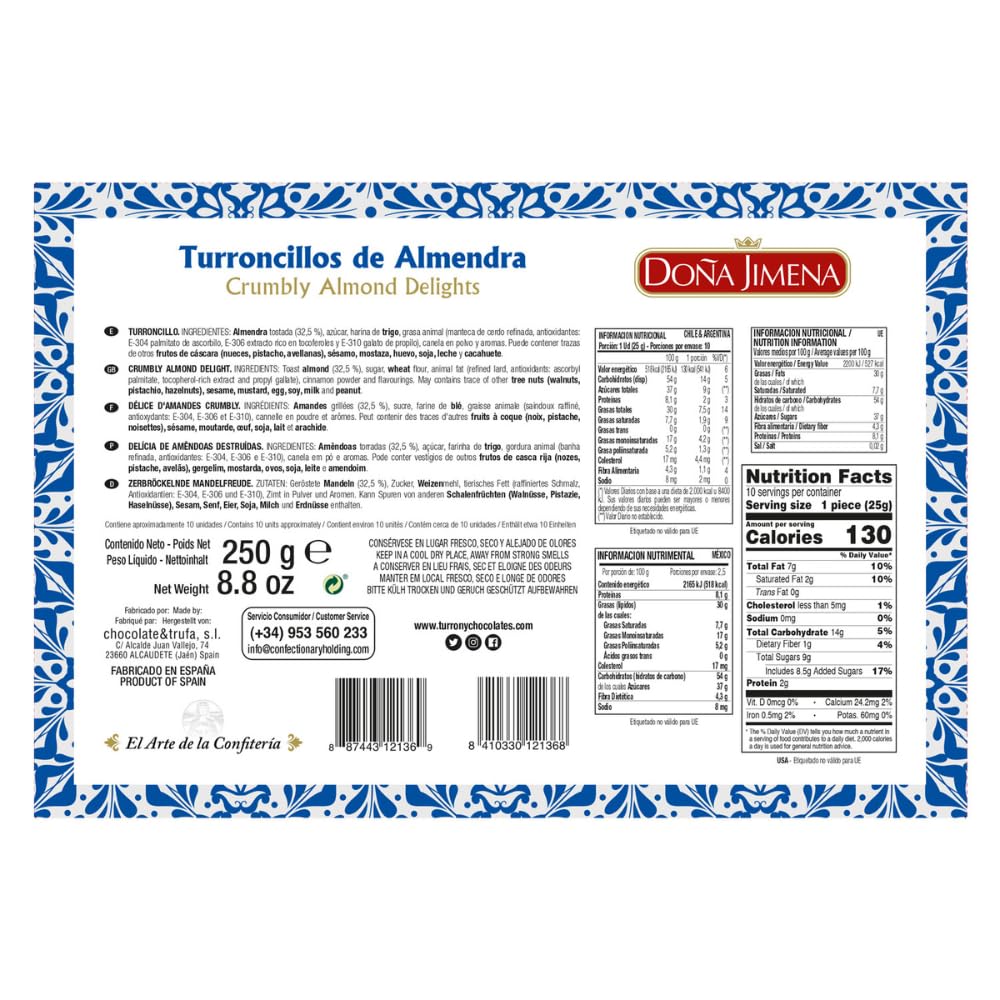 DOÑA JIMENA - Turroncillos Crujientes, Calidad Suprema, Placer al paladar, Para disfrutar, Sabor auténtico, Típico Dulce Navideño, Receta Artesanal, 250g