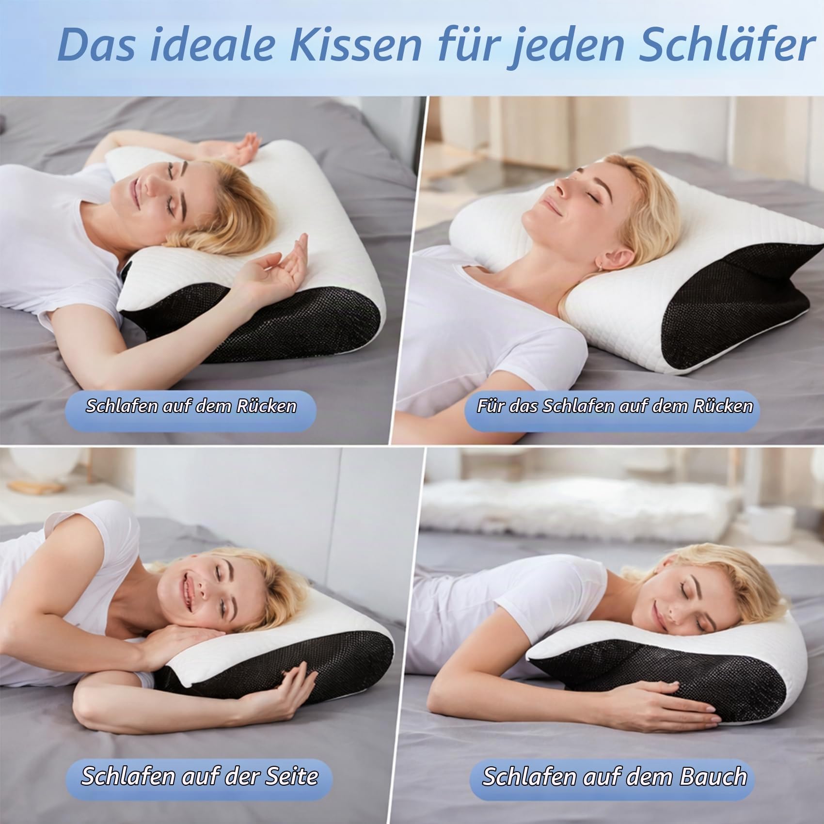 Curo Sleep Kissen Original, Curo Sleep Kissen, Ergonomisches OrthopäDisches Kissen Mit Konturierter SeitenstüTze, Bietet UnterstüTzung für Seiten, RüCken und Bauchposition (Schwarz)