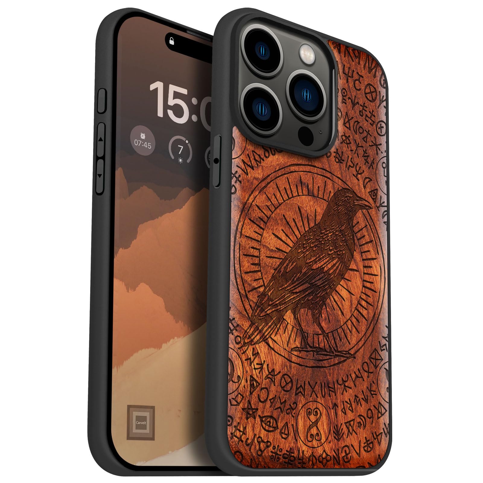 Carveit Magnetic Wooden Case for iPhone 15 Pro Case, Compatible with MagSafe Wireless Chargers, Black Soft TPU Shockproof Cover & Wood Artisan