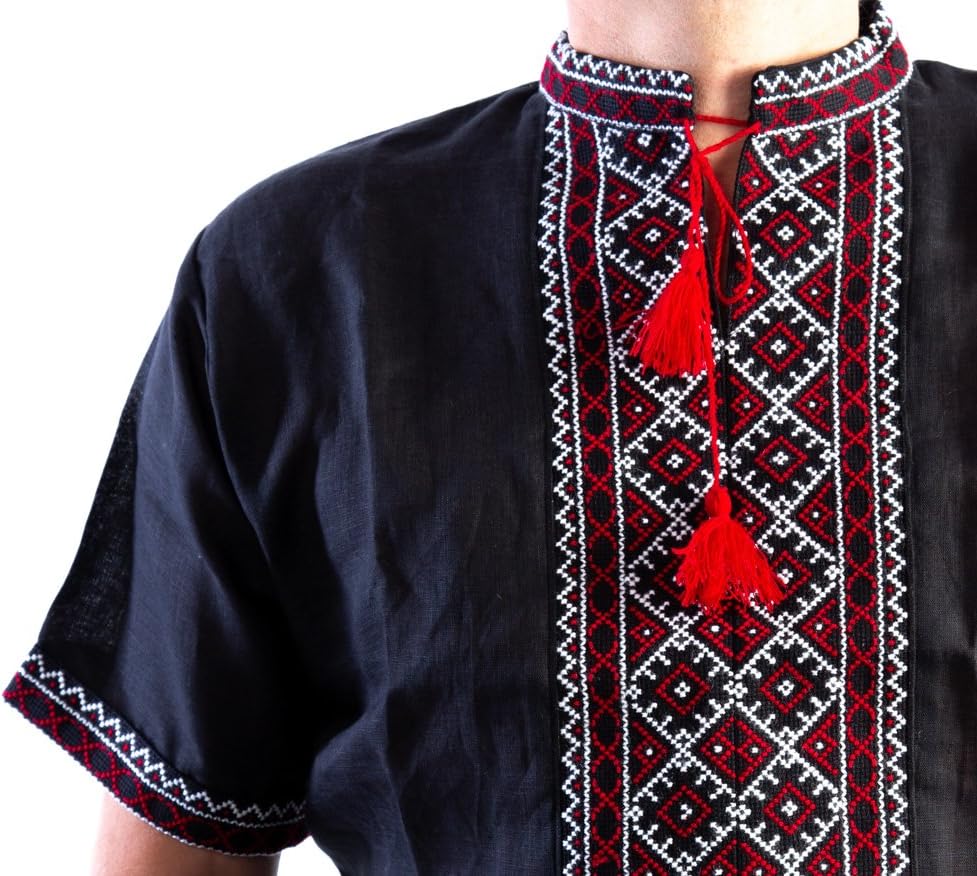 Rushnichok Vyshyvanka for Men Ukrainian Embroidered Shirt Handmade Short Sleeve Black
