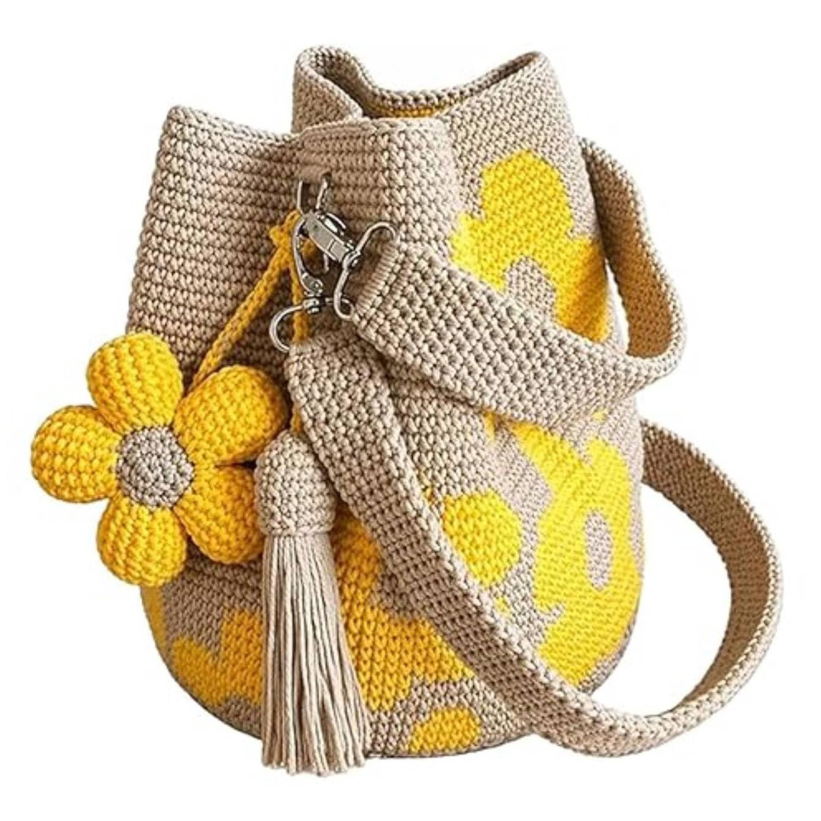 Générique Sac Seau Crocheté à la Main Femme, Sac Tote Floral Bohème, Sac à Main Minimaliste Léger pour Plage Voyage Quotidien, Sac Barrel Bohème pour Été Plage
