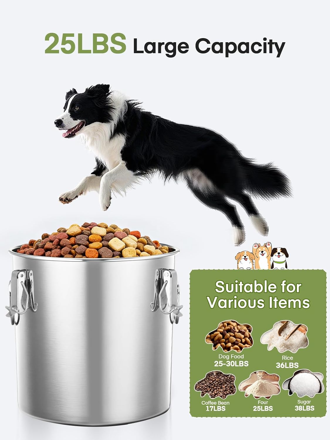 FOHERE Stainless Steel Dog Food Storage Container, 25/30LBS Airtight Moisture-Proof Dog Food Bin with Locking Lid, Keep Kibble Fresh for Dogs Cats, Home Kitchen Garage Use, Easy to Clean