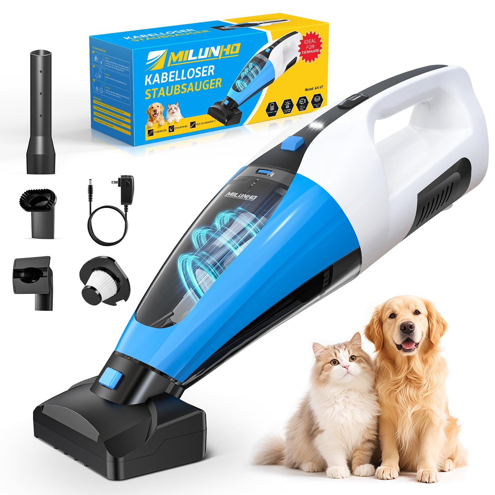 Milunho Kabelloser Tierhaar Handstaubsauger mit Doppelmotor, HEPA Filter | Anti-Haar-Verwicklung Bürstenrolle, Elektrobürste und Haustier Zubehör für Hundehaare, Katzenhaare, Sofa & Auto