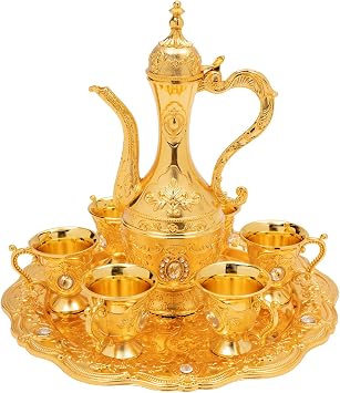 Vintage Turkish Coffee Set Turkish Tea Set with Pot and 6 Cups Retro Hip Flask Set Elegant Eagle Beak Spout for Home Decor Birthday Christmas Housewarming Wedding Gold