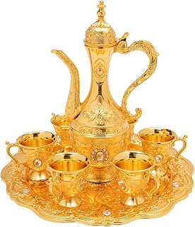 Turkish Tea Set, Vintage Extra Large Turkish Coffee Pot with 6 Cups Metal Luxury Moroccan Tea Glasses for Home Decor Birthday Christmas Housewarming Wedding (Gold, Low)