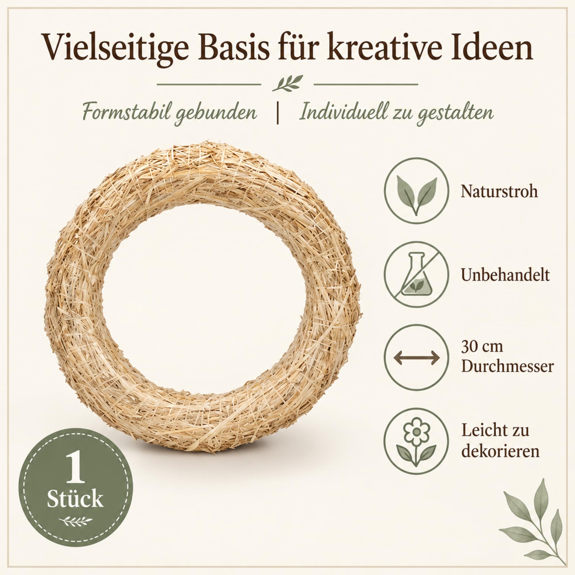 NaDeco Strohkranz Natur 30 x 5,5 cm, Kranzrohling für Türkranz