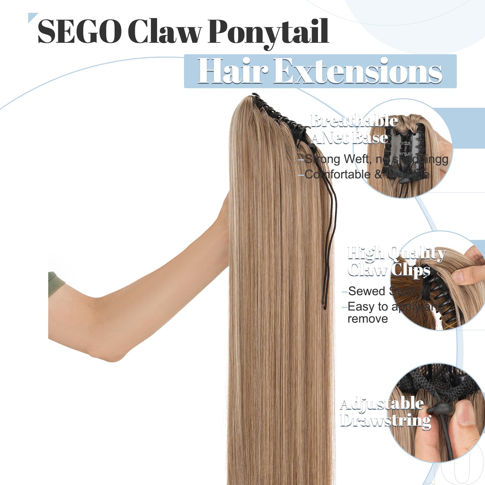 SEGO 21 Inch Claw On Ponytail Extension Straight Clip In Pony tail Synthetic Hairpiece, Light Brown & Bleach Blonde - Image 2
