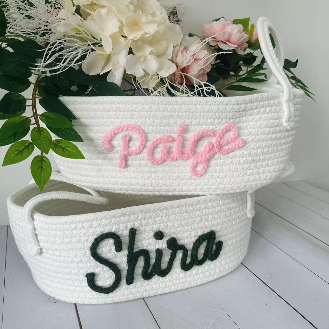 PGORSDOR Personalized Baby Shower Basket,Children's Baptism Storage Basket,Cotton Rope Clothes Storage Basket,Personalized Baby Basket with Name (33 * 23 * 13cm)