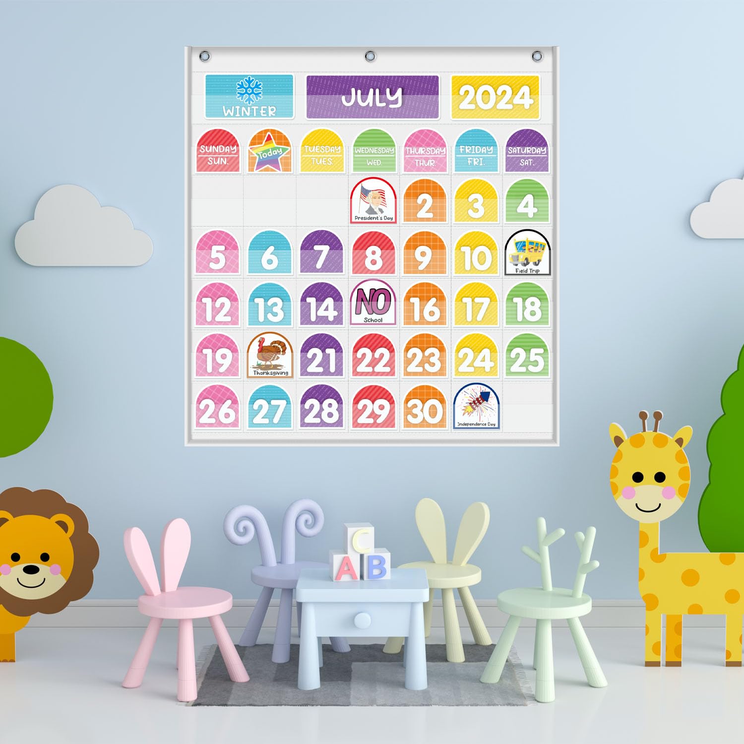 Calendario de aula, calendario de bolsillo, calendario para niños, calendario montado en la pared, calendario con 96 tarjetas coloridas, para el hogar o jardín de infantes y calendario de aula