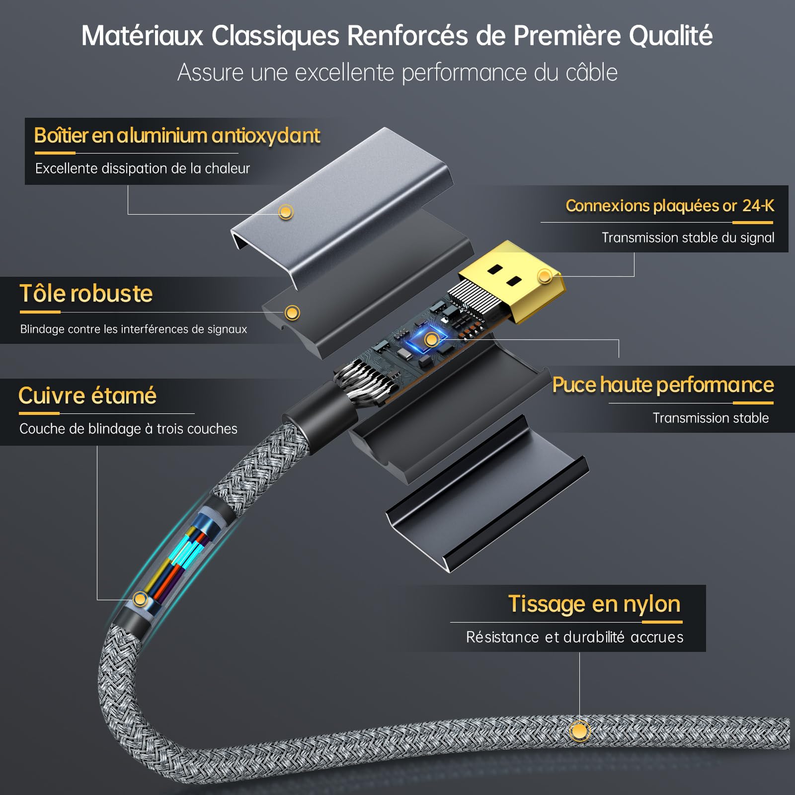 Câble DisplayPort 1.4 vers HDMI 2.1 2M - 8K@60Hz, 4K@240/144Hz, Unidirectionnel DP vers HDMI, Support VRR/HDR/HDCP 2.3/DSC 1.2 pour Ordinateur Portable/PC/Carte Graphique vers Moniteur/TV/Projecteur