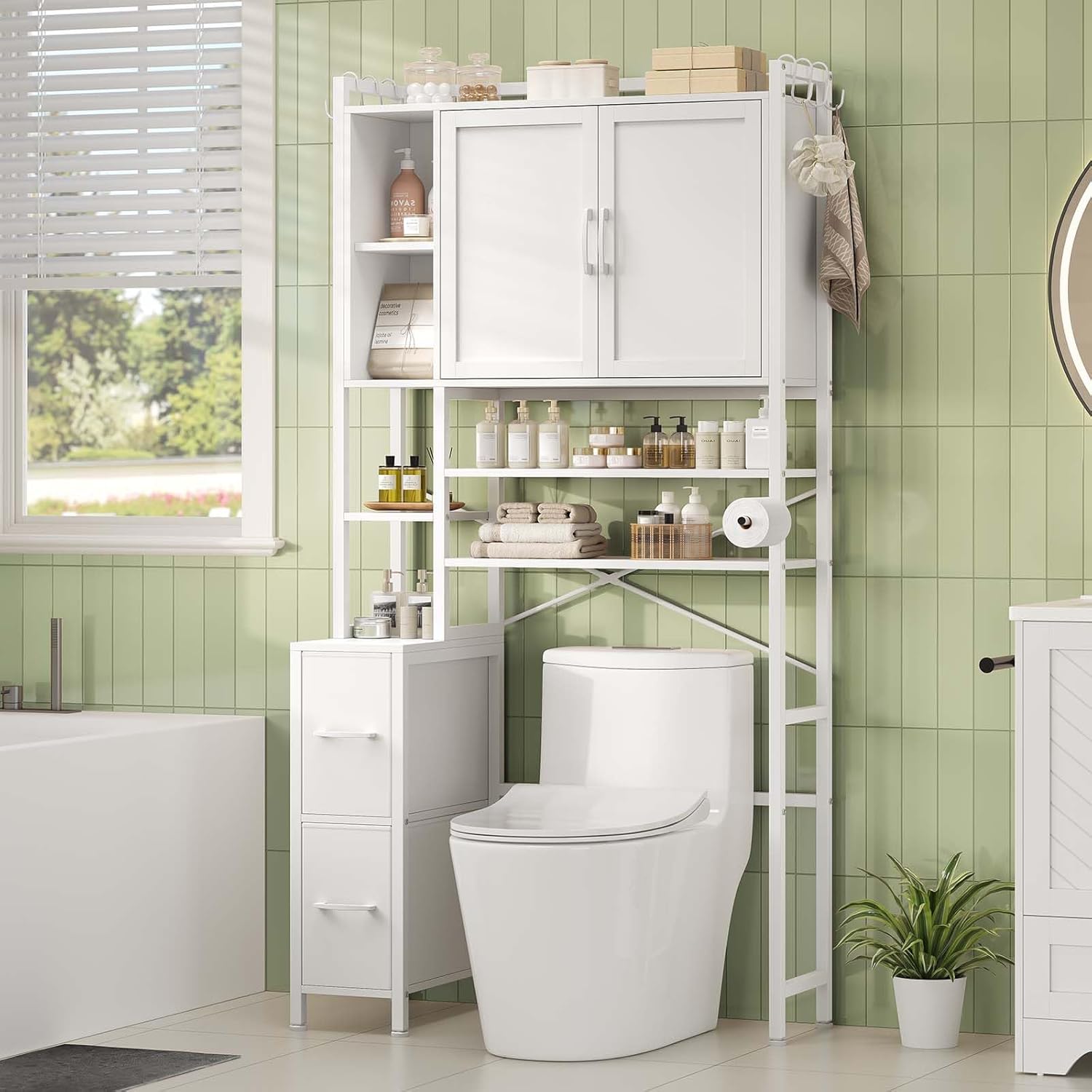 7-Tier Over the Toilet Storage Cabinet with 2 Large Drawers & 6 Hooks, Over the Toilet Storage with Toilet Paper Holder, Bathroom Over Toilet Storage for Bathroom, Laundry Room, White