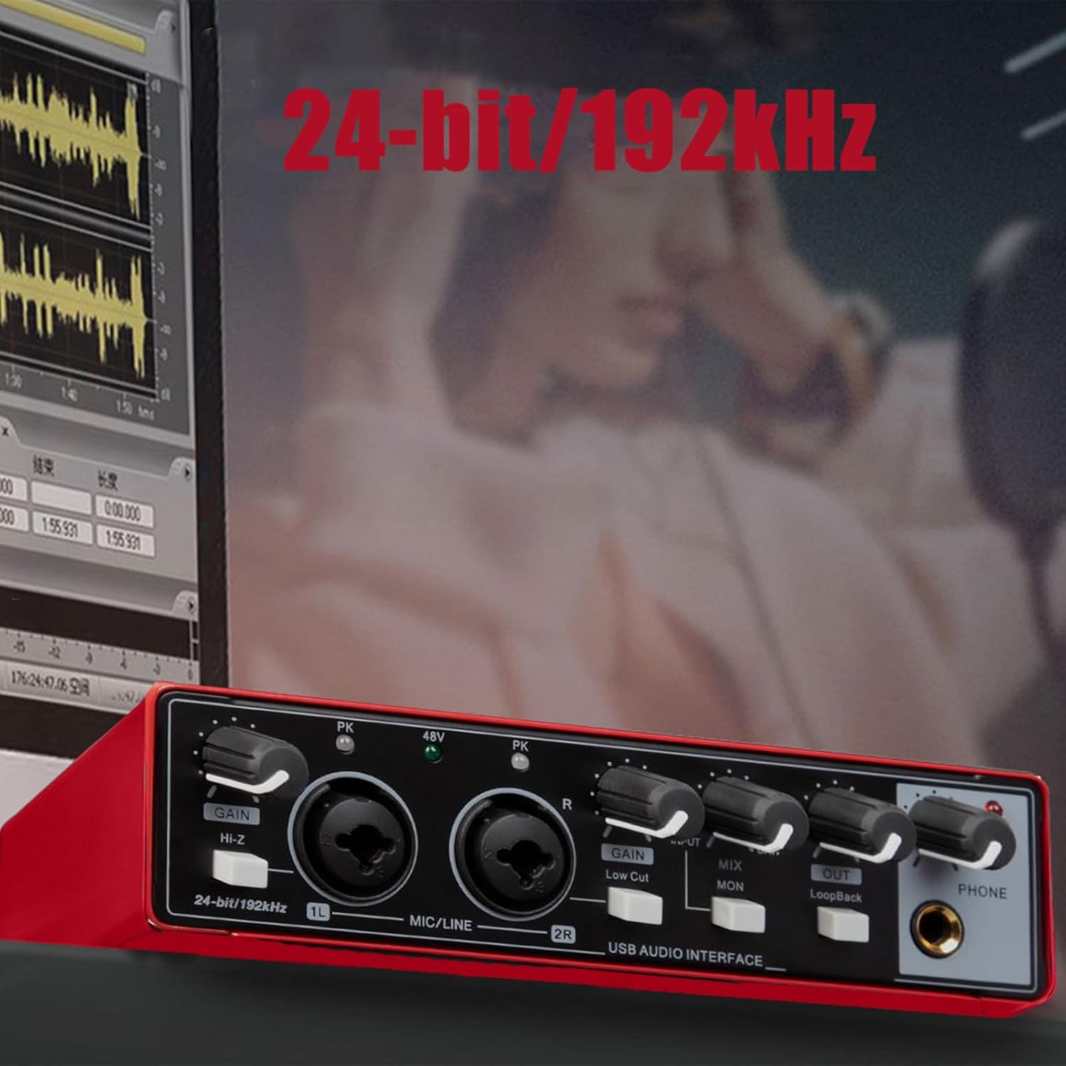 USB Audio Interface, Interface for Recording Music, USB2.0 Studio Equipment for Mac/PC, XLR Input, 24Bit/192kHz, Plug & Play, 48V Phantom Power, Red