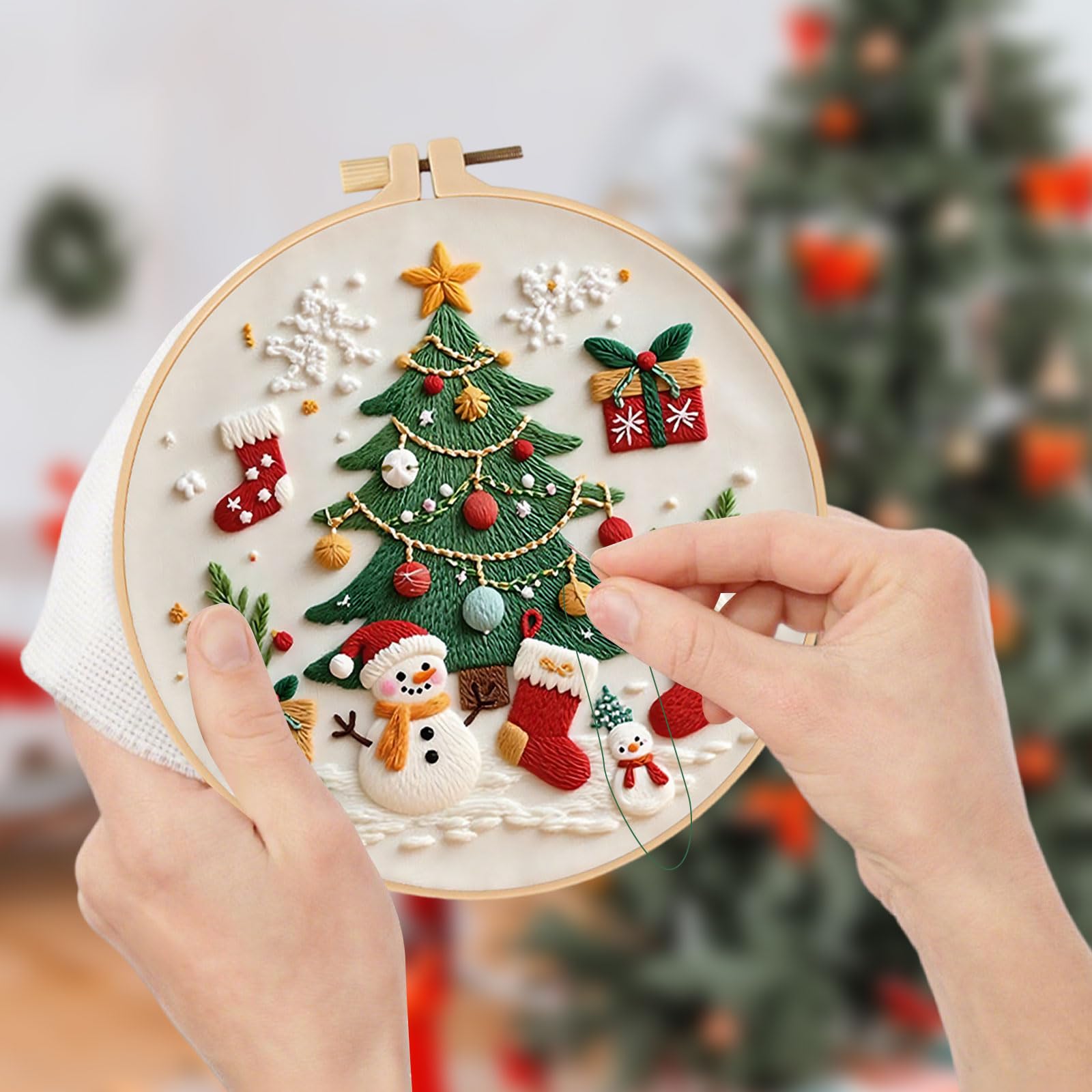 YEESAM ART Kreuzstich-Set „Weihnachtsbaum & Schneemann“ – 11 CT, 67x53 Cm | Gestempelt, Inkl. Garn & Nadeln