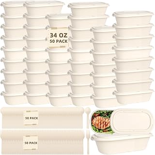 50 Pack 34 oz Disposable Meal Prep Containers with Lids - Biodegradable & Compostable Sugarcane Pulp, Microwave Safe & Leak-Proof, Includes Forks & Spoons for Salad, Leftovers & Burrito