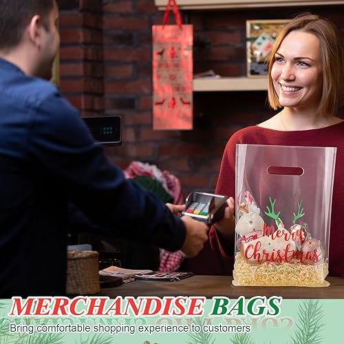 Miniatura 6 de Locmeo 100 bolsas de plástico transparente para mercancías navideñas con asa troquelada, bolsa de regalo para pequeñas empresas, compras,