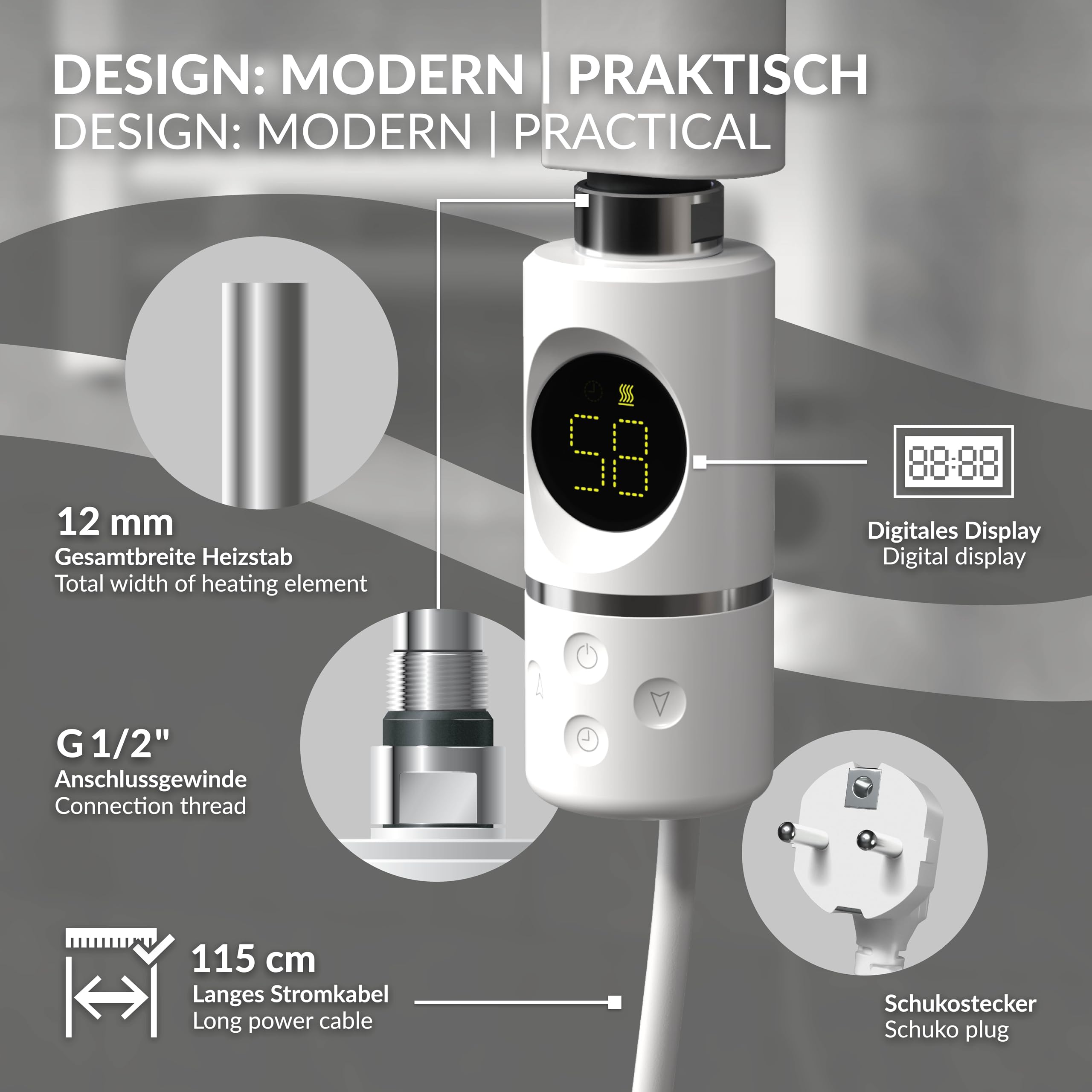 ML-Design Élément Chauffant Blanc 900W avec Thermostat et Écran LCD Résistance Électrique pour Radiateur Salle de Bain avec Interrupteur Marche/Arrêt Mode Minuterie Régulateur de Température