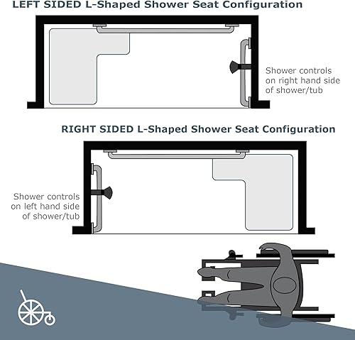 Miniatura 8 de Seachrome Asiento de ducha Lift-Assist, mano derecha en forma de L, ADA, montaje en pared, acolchado blanco Naugahyde