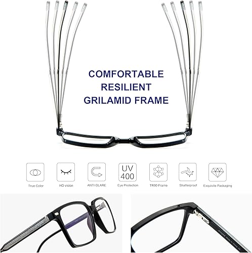 Miniatura 4 de JFXQDR Gafas de bloqueo de luz azul para hombre, anteojos cuadrados falsos para pantalla de computadora, antifatiga ocular y deslumbramiento UV