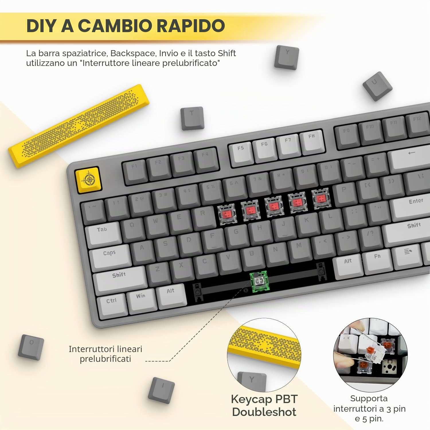 A.JAZZ AK873 Tastiera da Gioco 75%-Tastiera Meccanica con Interruttore Rosso Hot Swappable-Cavo USB C a Spirale-RGB 87 Tasti PBT Keycap-Coperchio Top Magnetico Staccabile per PC/Mac-LightGrey