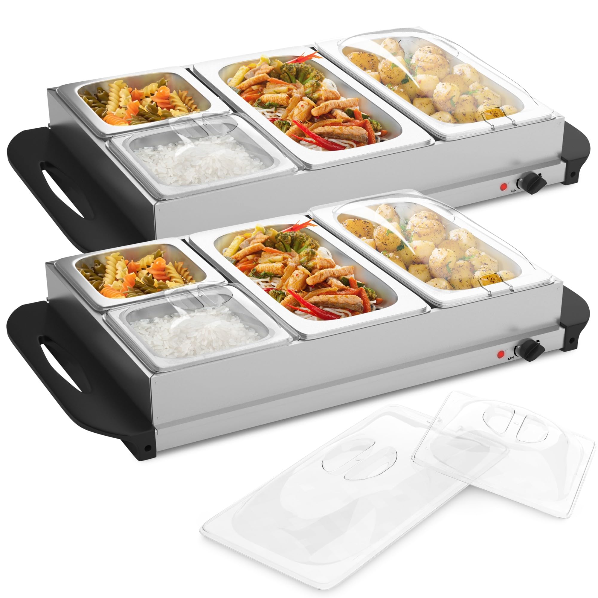 Jago® Chauffe-Plats Électrique - en Acier Inoxydable, Maintien de la Température, Couvercles Transparents - Chauffe-Buffet, Chafing Dish (8 Récipients / 4 x 2.5L + 4 x 1L (14L))