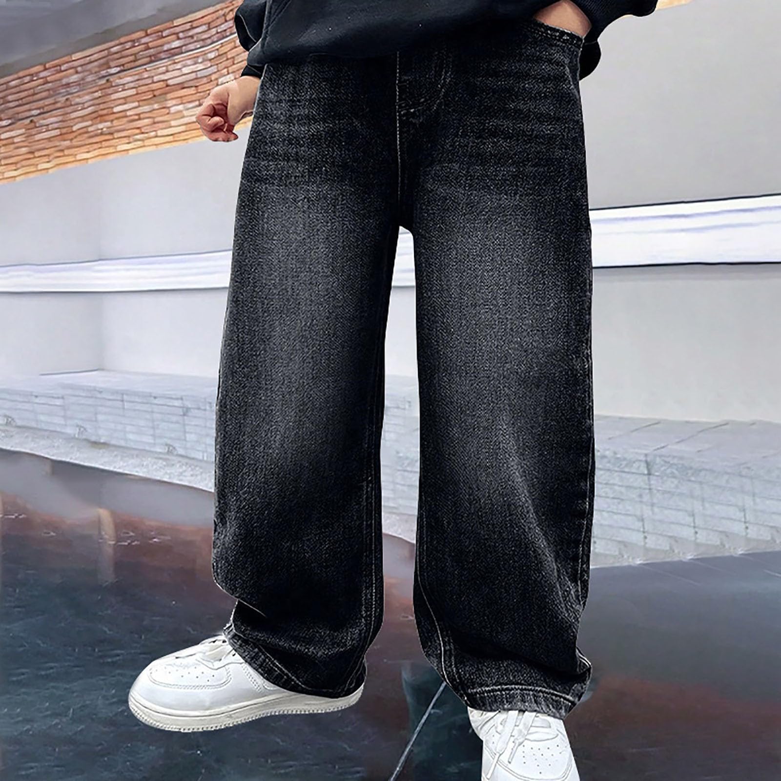 Jean baggy pour garçons - Jambes larges - Coupe droite - Taille élastique - Style cargo - Décontracté - Pour enfants - Loisirs - Streetwear - Pour adolescents