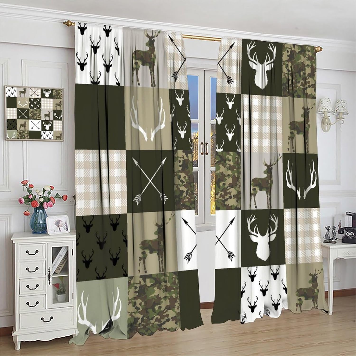 Vintage Bear Deer Window Curtains Western Farm Country Lodge Wildlife Camouflage Hunting Topics Vintage Farmhouse Drapes 2 Panel Sets,42x54 Inch Blackout