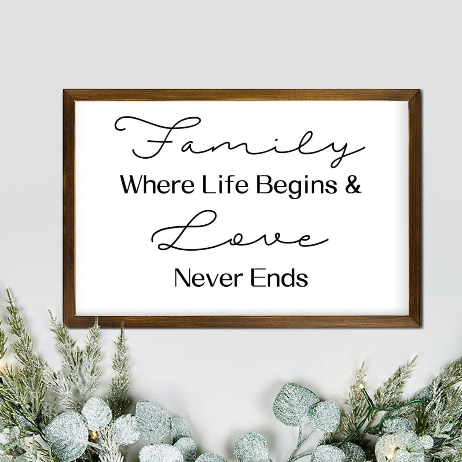 Religious Jesus Wood Frame Wall Sign Family Where Life Begins Love Never Ends Framed Wood Sign Plaques Funny Quote Nursery Wall Wood Frame Sign Decorations for Entryway Living Room 8x12in