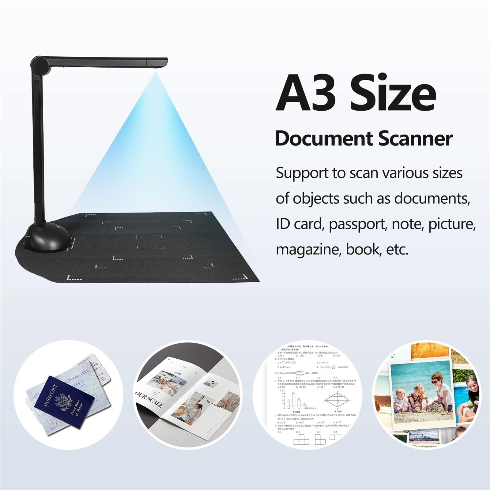 Scanner portatile, Scanner For Documenti Formato A3 A4 Con Luce Di Riempimento A LED HD Da 16 Megapixel, Scansione Ad Alta Velocità, Supporto OCR Multilingue