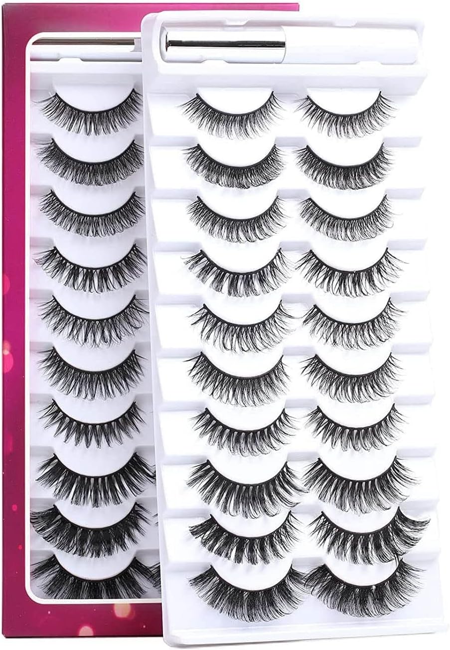 False Eyelashes Russian Strip Lashes D Curl 3D 10 Pairs Fake Lashes Natural False Eyelashe with Eyelash Glue Clear Adhesive Long Lasting Waterproof Multipack Eyelashes
