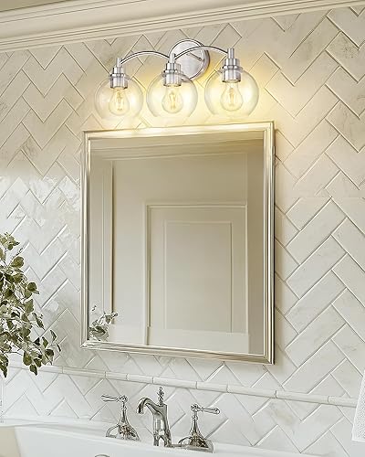 Miniatura 3 de Lámpara de baño de 3 luces, lámpara de tocador de níquel cepillado sobre el espejo, aplique de pared de vidrio globo, ZCVL02BN-3