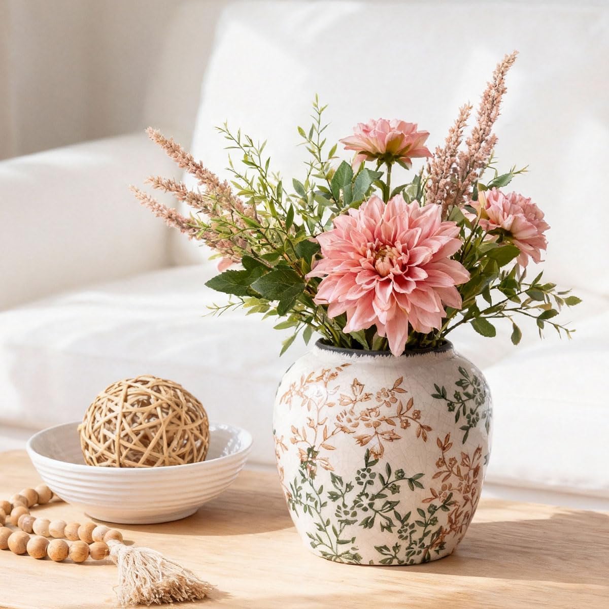 Green and White Vase - 7.1 Inchs Vintage Ceramic Vases for Home Decor, Farmhouse Flower Vase for Living Room and Kitchen, Vintage Pottery Decor for Table Shelf and Mantle, Chinoiserie Decor Vases - Image 6