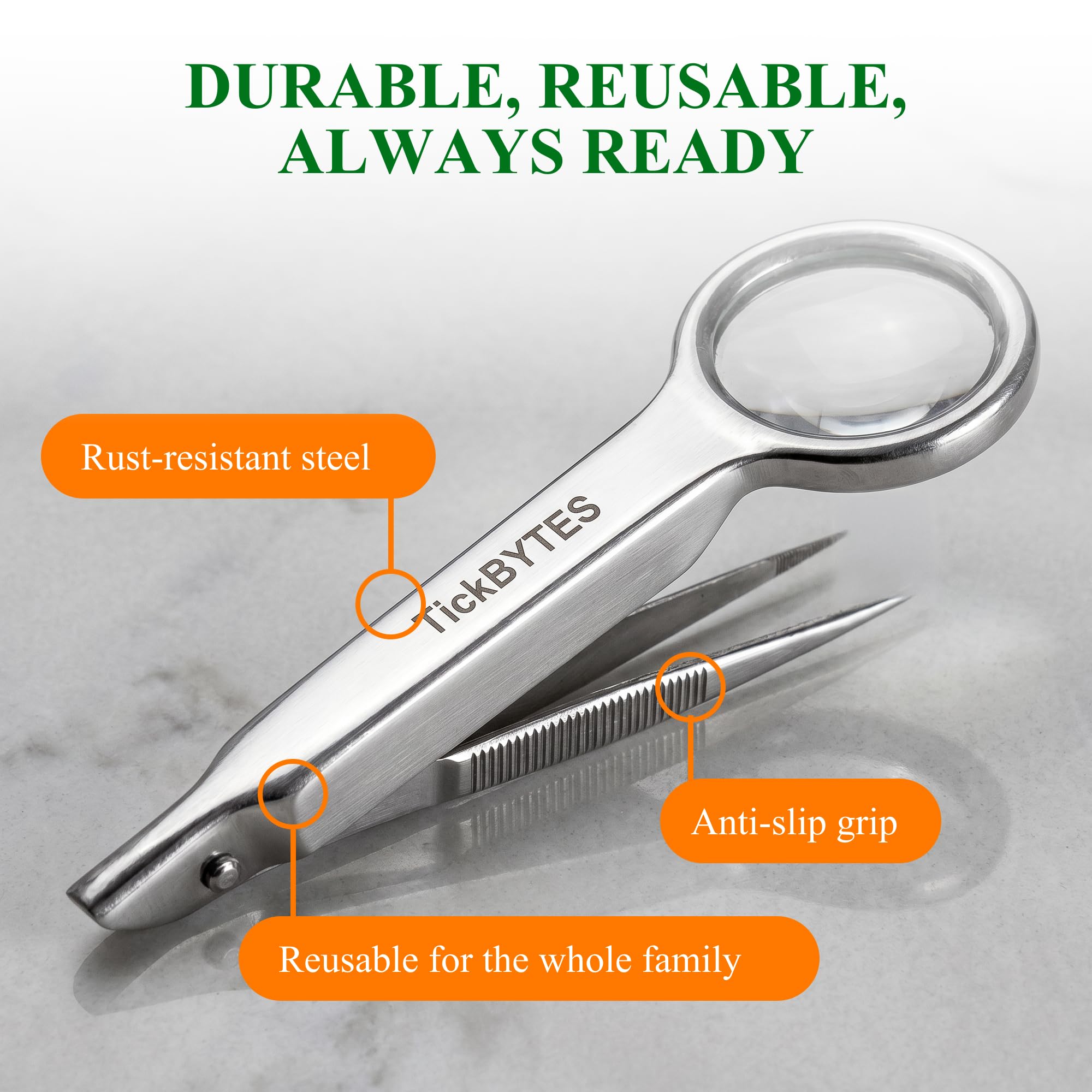 TickBYTES - Kit per la rimozione delle zecche, pinzette a punta fine in acciaio inox con lente d'ingrandimento e carta d'identità, strumento sicuro per rimuovere le zecche, portatile, essenziale per