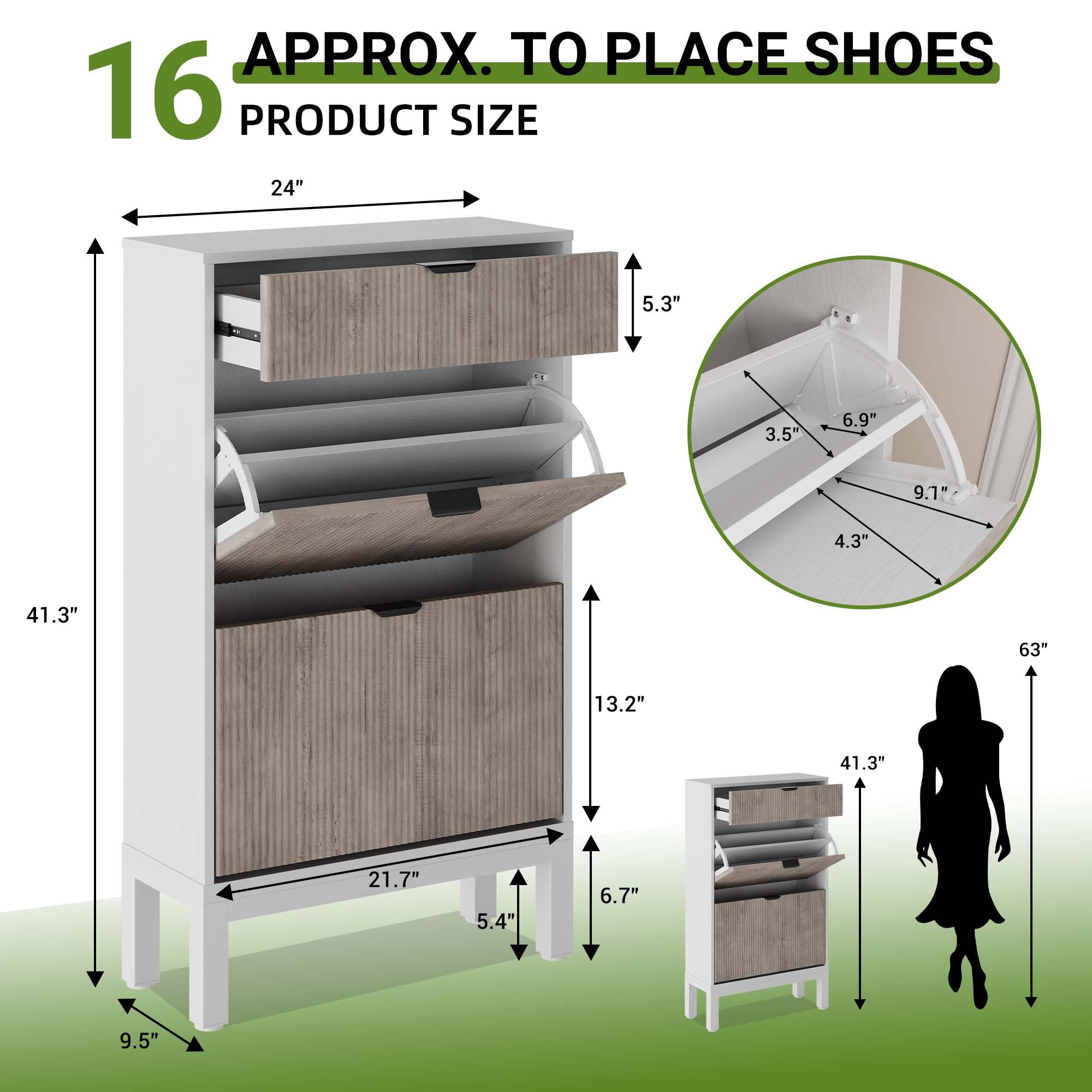 Zapatero Estrecho de Madera - Zapatero Volcable con 2 Puertas y 1 Cajón - Decoración con Patrón Ondulado - con Manijas Metálicas - Ideal para Entrada, Pasillo y Recibidor - Blanco & Gris