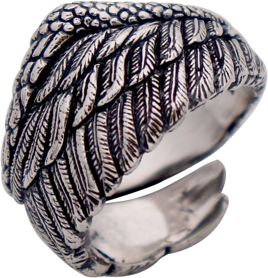 Retro Vintage 925 Sterling Silver Black Angel Wing Ring Feather Ring for Men Women Open Adjustable