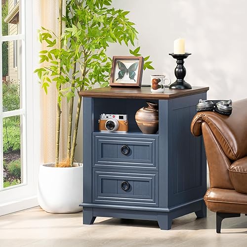 Miniatura 7 de Mesita de noche de granja de 18 pulgadas con estación de carga, cómoda de mesa auxiliar de 2 cajones para dormitorio, mesita de noche de madera