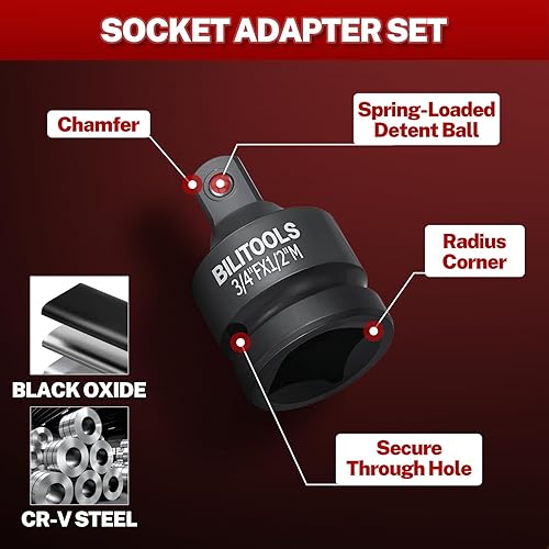 Miniatura 7 de BILITOOLS Juego de Adaptadores de Dados de 17 Piezas incluye Reductor, Juego de Dados de Junta Universal, Adaptador de Taladro 1/4" 3/8" 1/2"