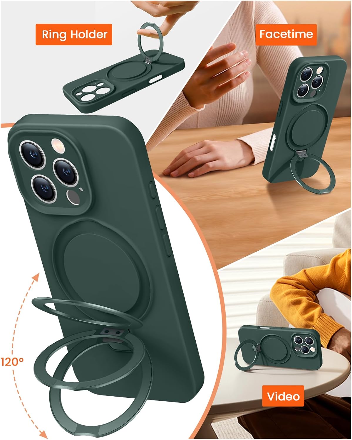 Liquid Silicone Case for iPhone 16 pro with Magnetic Ring Stand, Upgraded Camera Lens Protection, Mil-Grade Drop Shockproof, Anti-Scratch Microfiber Lining Silicone Case (Green) - Image 2