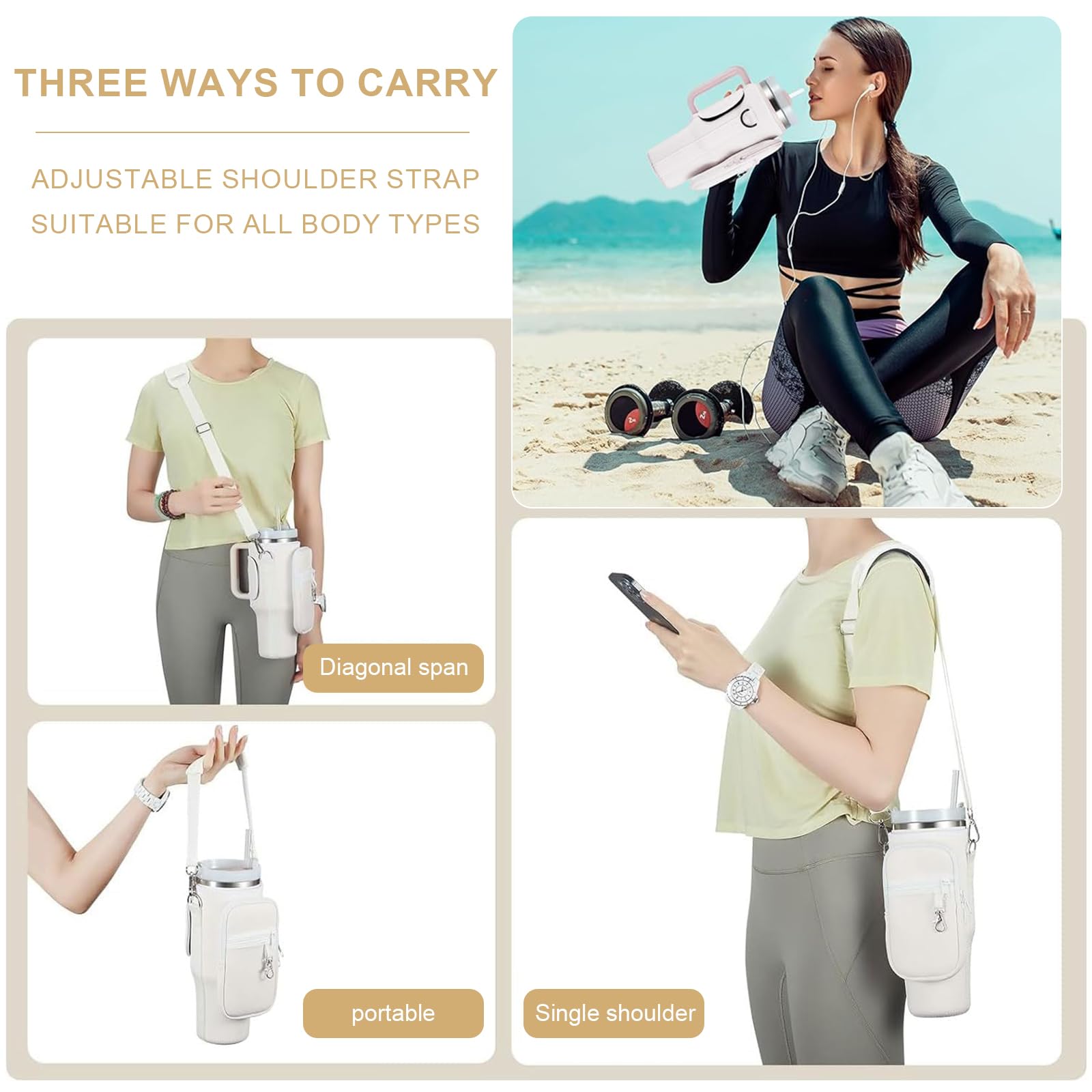 Sac De Transport Pour Stanley Cup 40oz - Néoprène - Avec Poche Téléphone Et Mousqueton - Beige