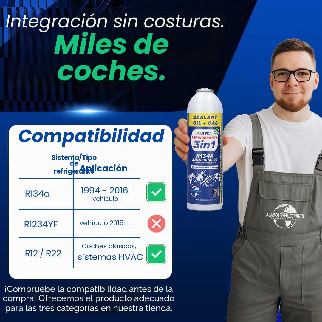 4 x Alaska Refrigerants 3 en 1 R134a refrigerante de repuesto con aceite PAG 100 y sellador