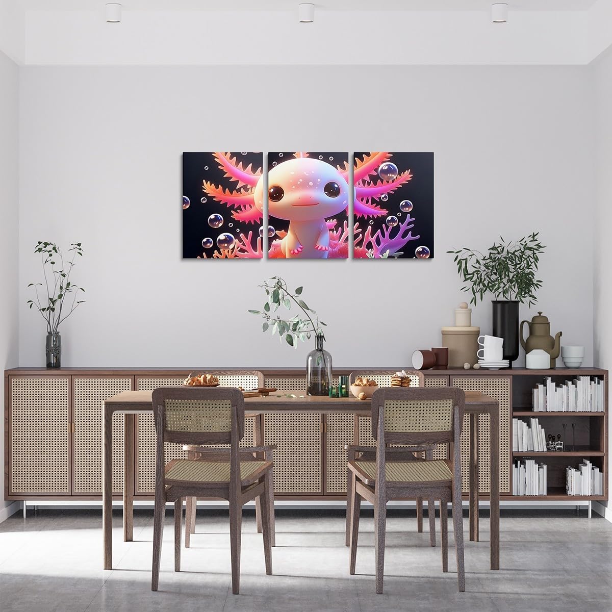 Feelyou Kids Cute Axolotl Canvas Wall Art for Living Room Bedroom Kawaii Animal Picture Wall Decor Girls Princess Wall Painting Posters and Prints Cartoon Salamander Bathroom Wall Art 12"x16"x 3Pcs