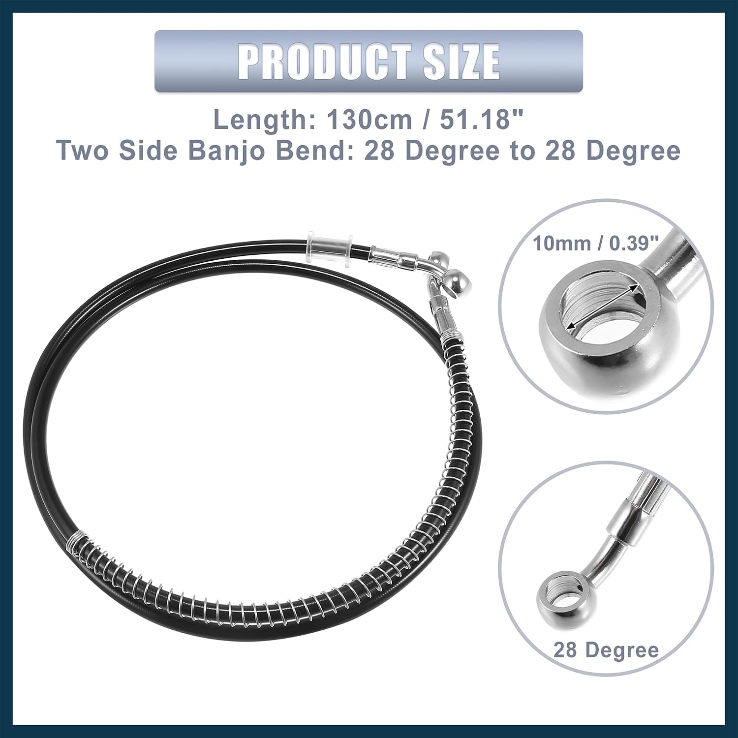 51.18" Length 10mm ID Motorcycle Hydraulic Brake Line Oil Hose Pipe Stainless Steel Braided Cable for ATV Motocross Sport Bikes Street Bikes Black Automotive Parts