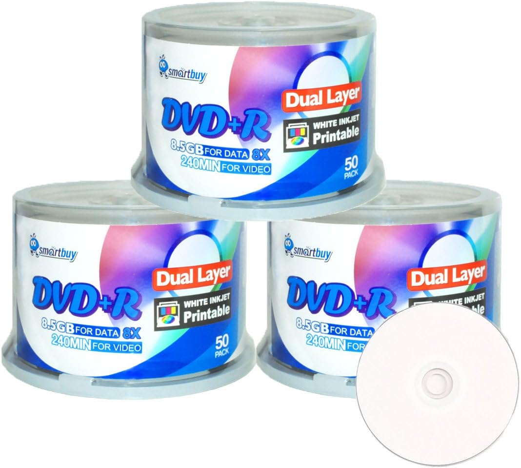 Smartbuy 150-disc 8.5gb/240min 8X DVD+r Dl Dual Layer Double Layer White Inkjet Hub Printable Blank Data Recordable Media Disc Spindle