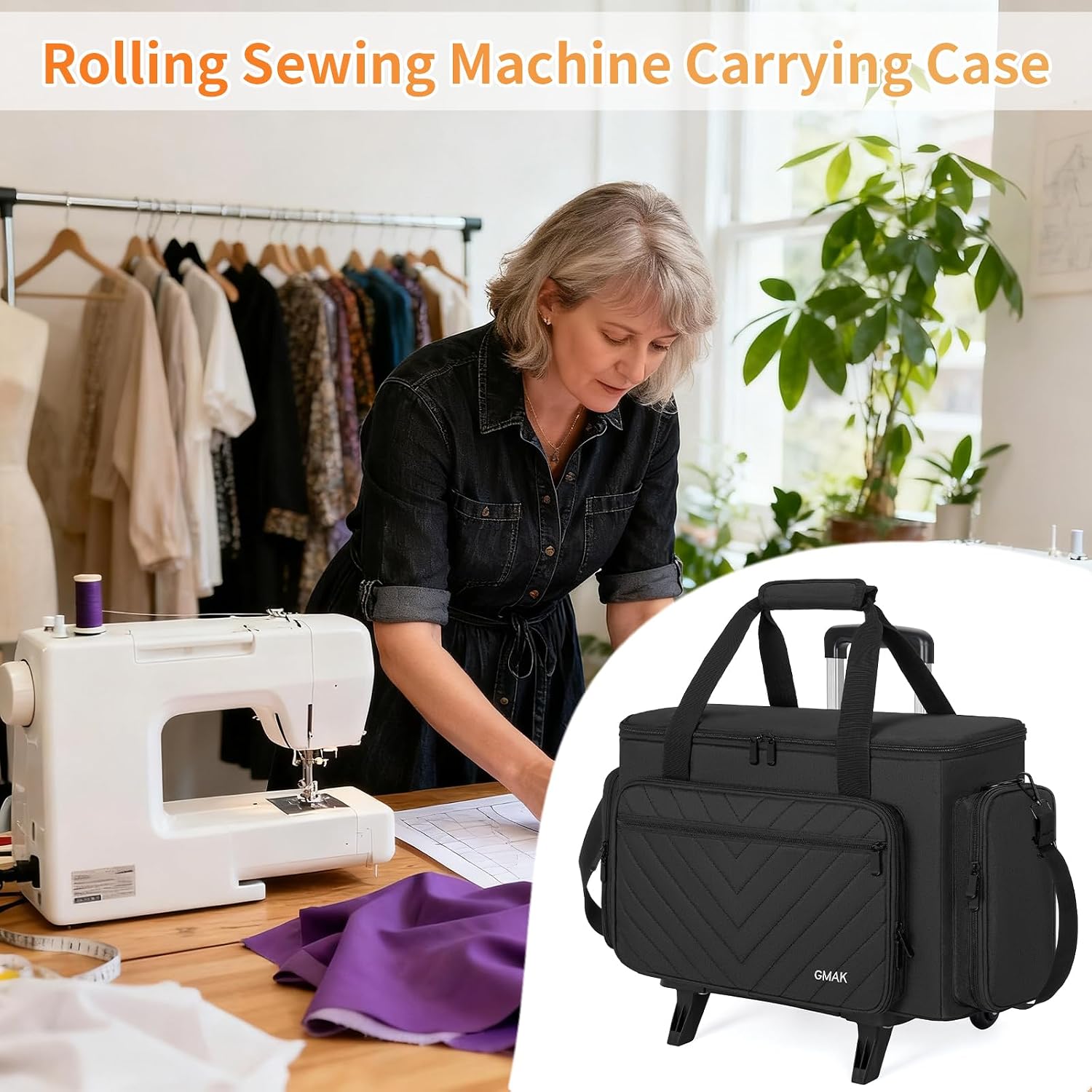 GMAK Sewing Machine Case with Detachable Dolly, Rolling Sewing Machine Case with Removable Padding Pad, Universal Rolling Carrying Tote Storage Bag for Most Standard Brother, Singer, Janome - Black