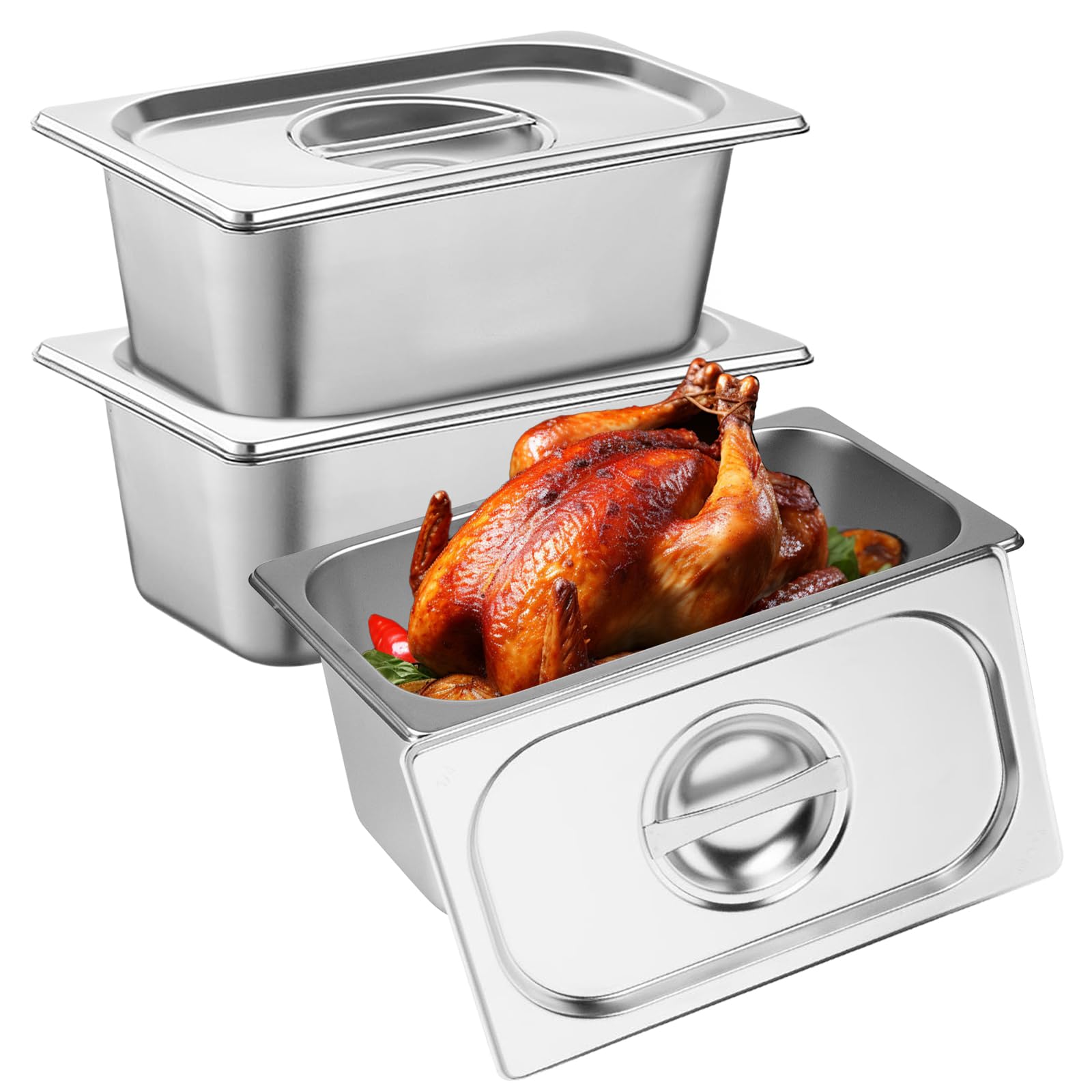 GOMETY Panierschalen Set 3-teilig, 1/9 GN Behälter mit Deckel 17,5 x 11 x 10 cm Edelstahl Gastro Behälter Panierset für Koteletts Gastronormbehälter Panierstraße Rechteckig Warmhaltebehälter Essen